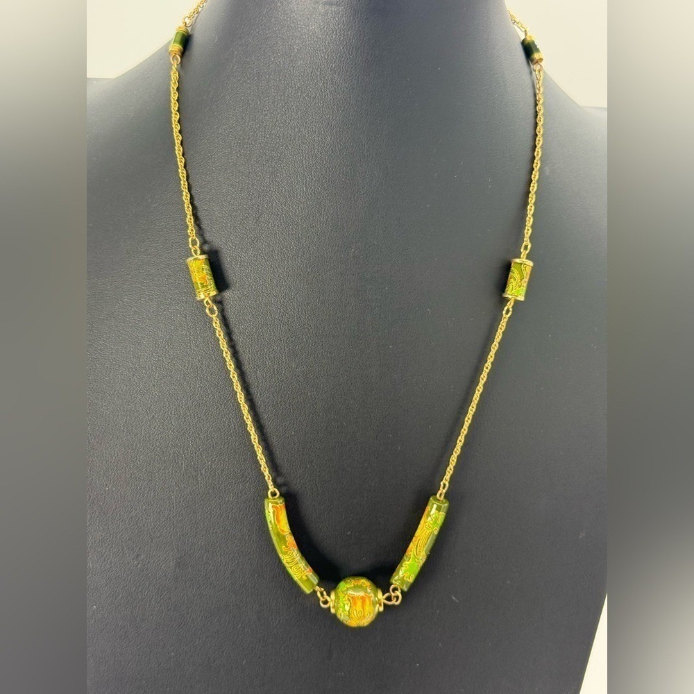 Gorgeous Vintage Asian Inspired Faux Jade Gilded Beaded Necklace Gift Ready‎
